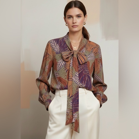 Le Superbe Palm Leaf Printed Shirt Size 6 Colorful Gold Metallic Tie Neck Chic